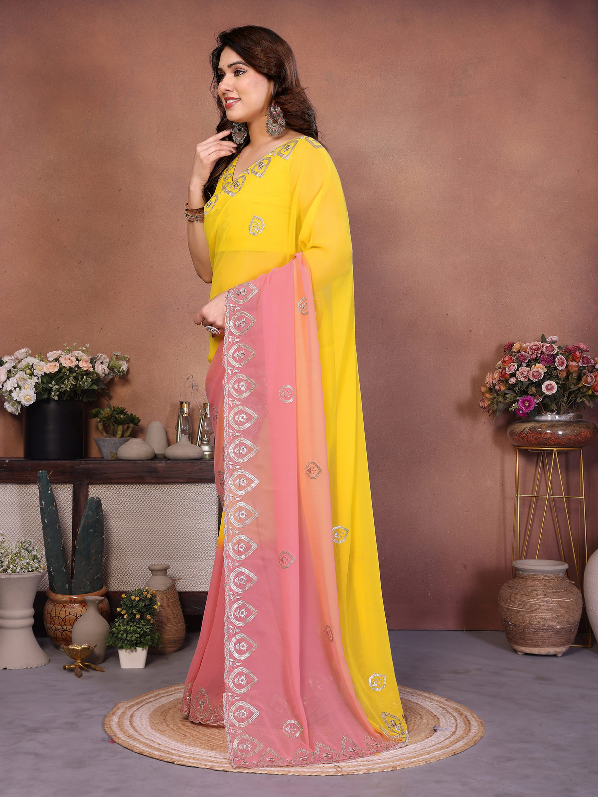 Multicolour Heavy Georgette Silk Embroidered Saree with Green, Yellow, Peach & Pink Ombre Design
