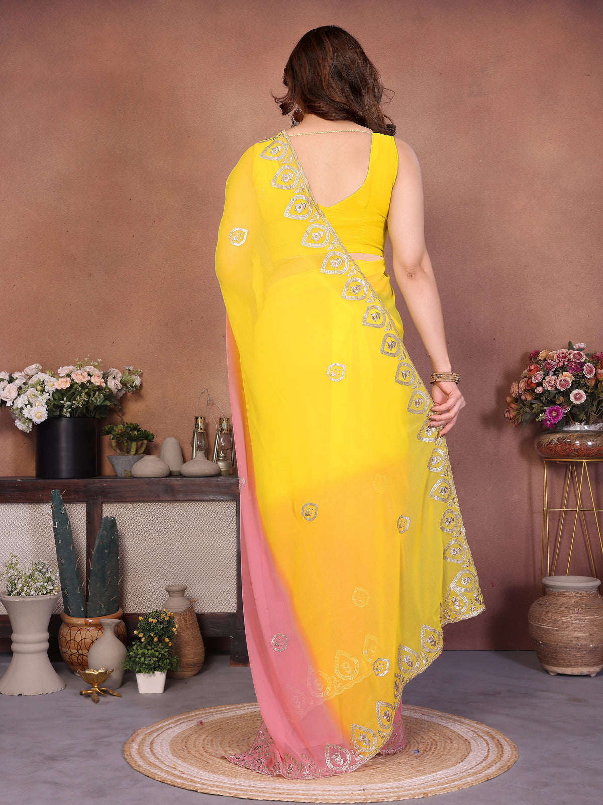 Multicolour Heavy Georgette Silk Embroidered Saree with Green, Yellow, Peach & Pink Ombre Design