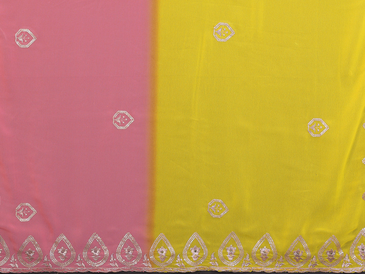 Multicolour Heavy Georgette Silk Embroidered Saree with Green, Yellow, Peach & Pink Ombre Design