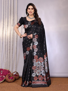 Black Banarasi Silk Floral Weaving Saree with Woven Border & Unstitched Blouse
