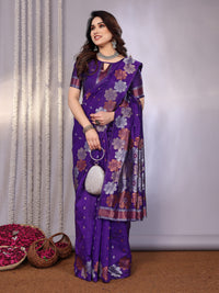 Purple Banarasi Silk Floral Weaving Saree with Woven Border & Unstitched Blouse