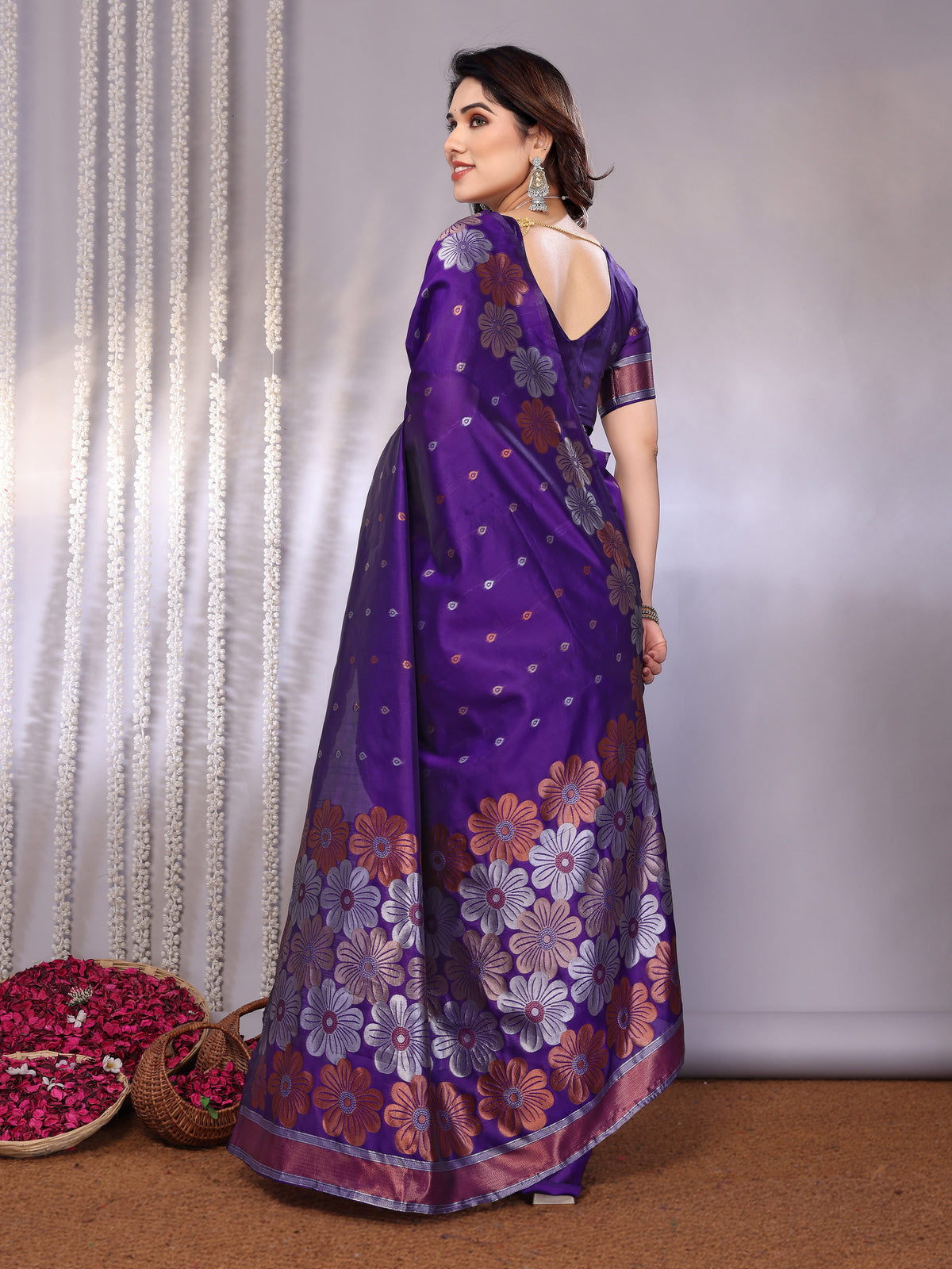 Purple Banarasi Silk Floral Weaving Saree with Woven Border & Unstitched Blouse