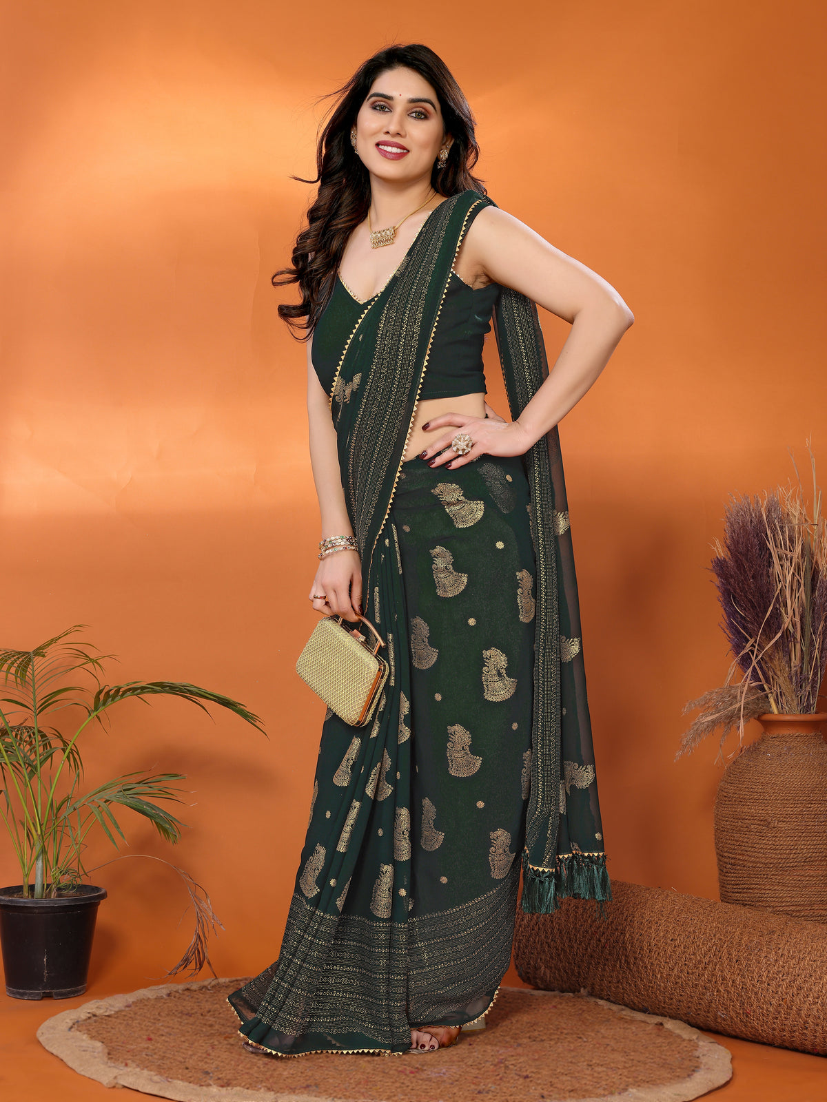 Green Georgette Silk Saree with Foil Work, Lace Border & Tassel Pallu