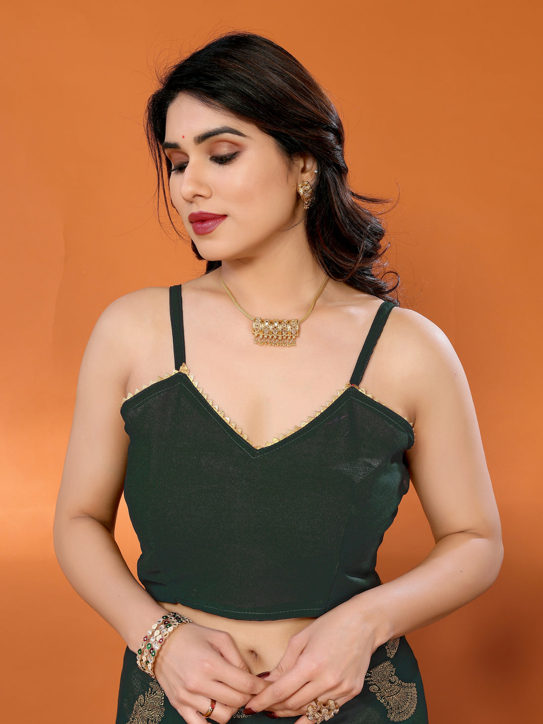 Green Georgette Silk Saree with Foil Work, Lace Border & Tassel Pallu