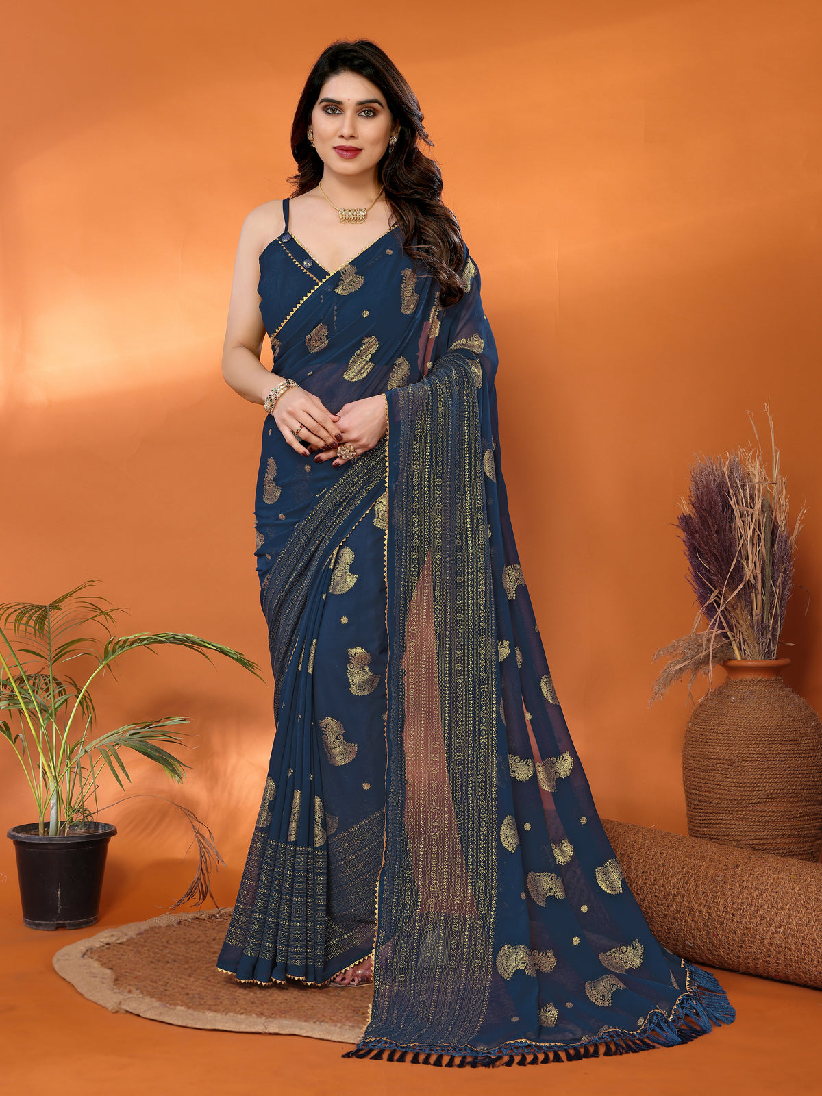 Navy Blue Georgette Silk Saree with Foil Work, Lace Border & Tassel Pallu