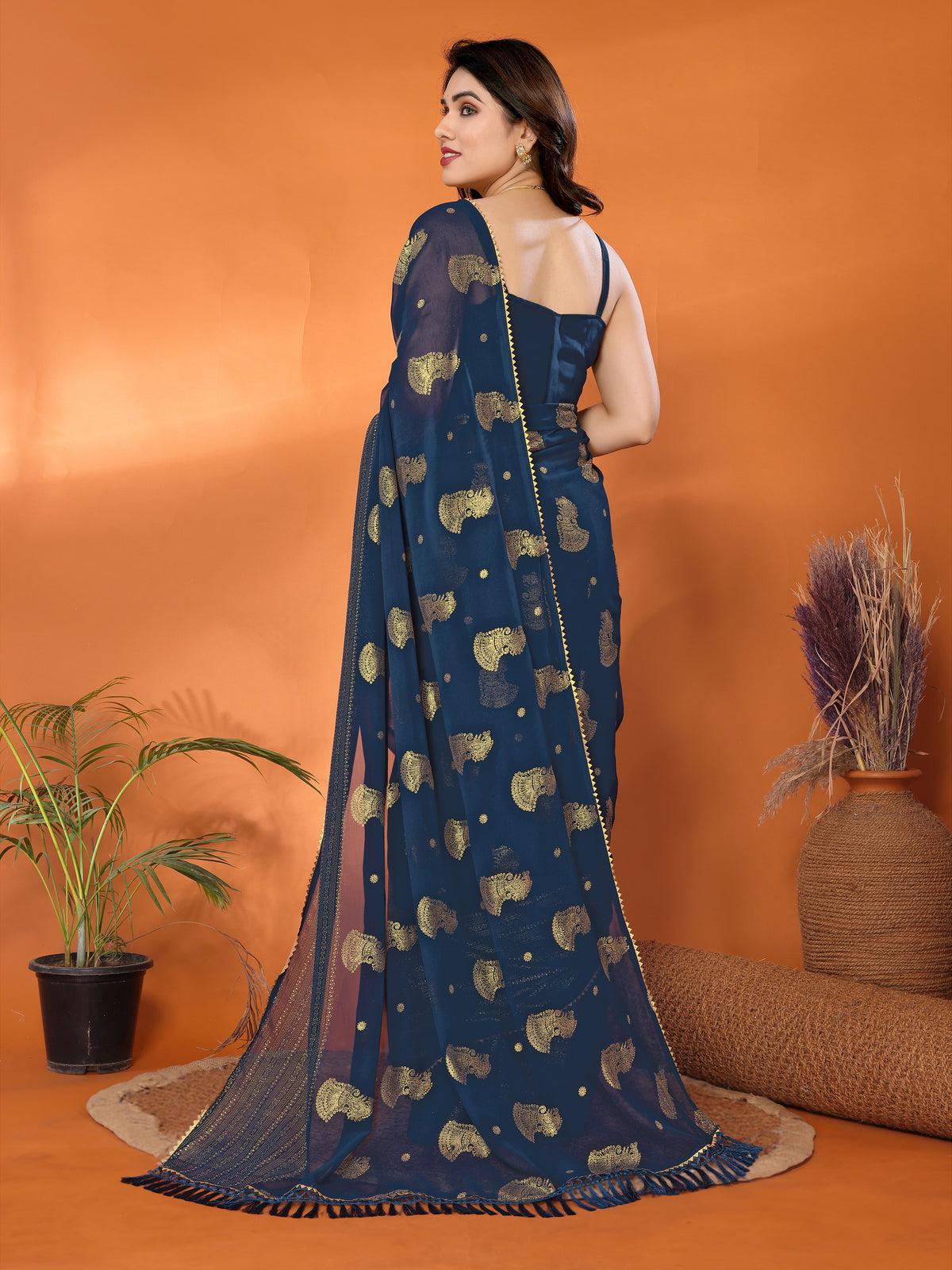 Navy Blue Georgette Silk Saree with Foil Work, Lace Border & Tassel Pallu