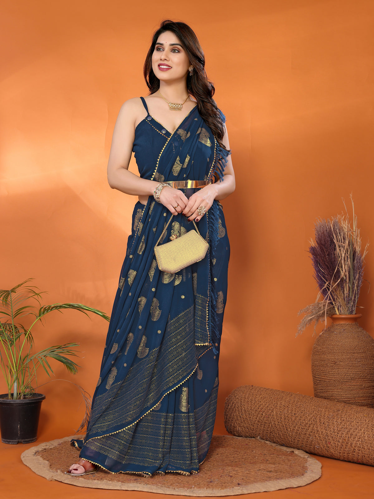 Navy Blue Georgette Silk Saree with Foil Work, Lace Border & Tassel Pallu