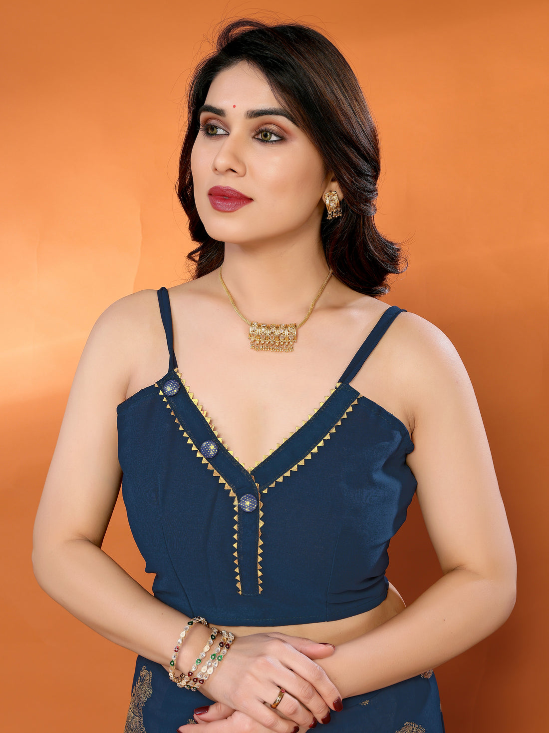 Navy Blue Georgette Silk Saree with Foil Work, Lace Border & Tassel Pallu