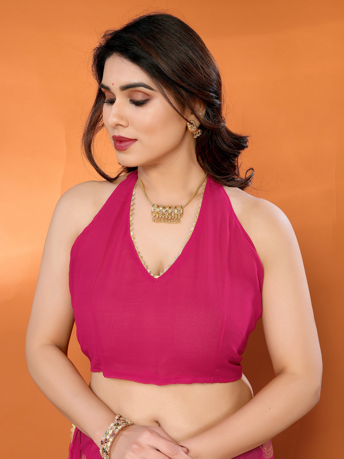 Rani Pink Georgette Silk Saree with Foil Work, Lace Border & Tassel Pallu