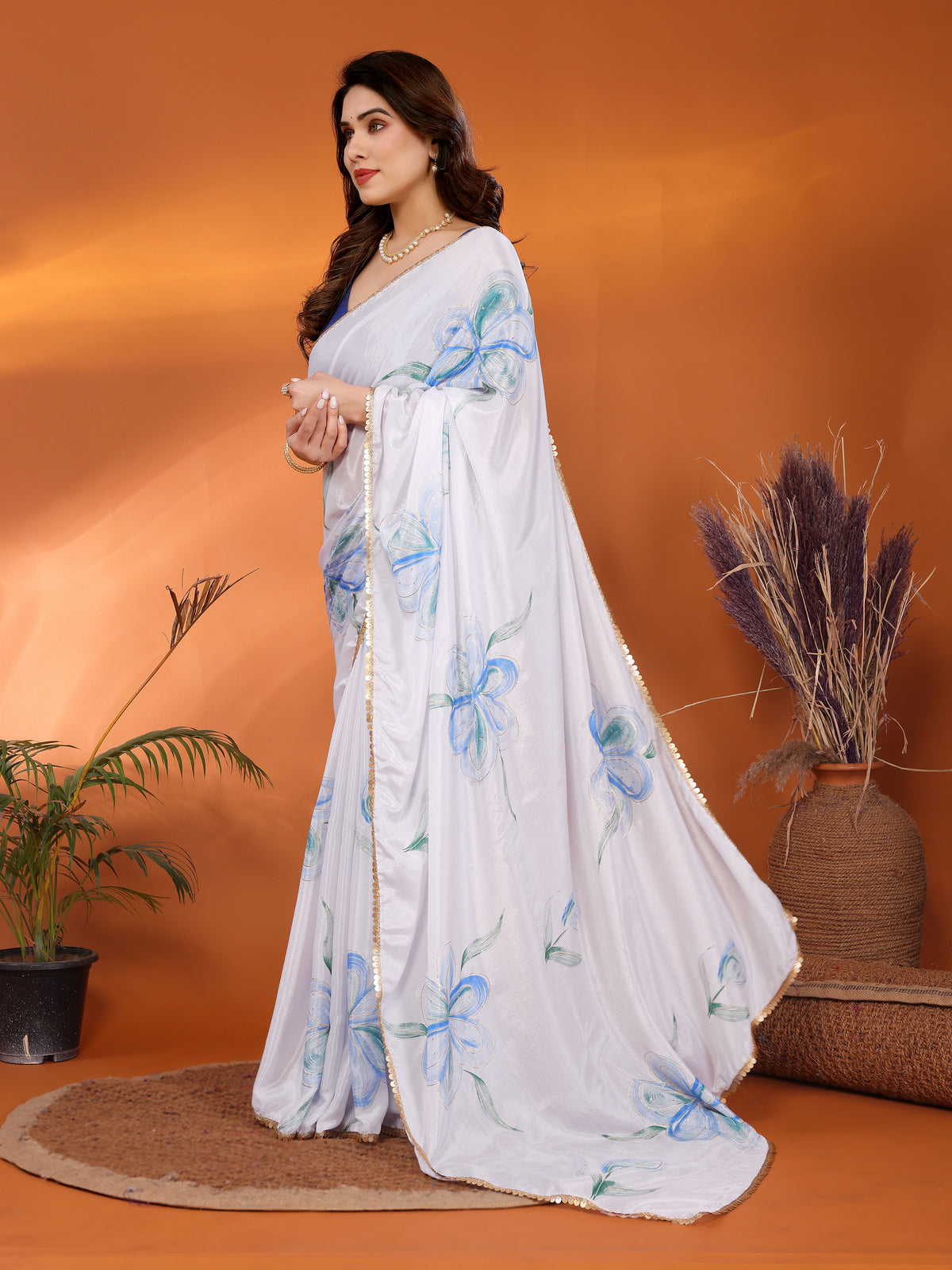 White & Blue Chinon Chiffon Silk Floral Printed Saree with Foil Work & Heavy Lace Border