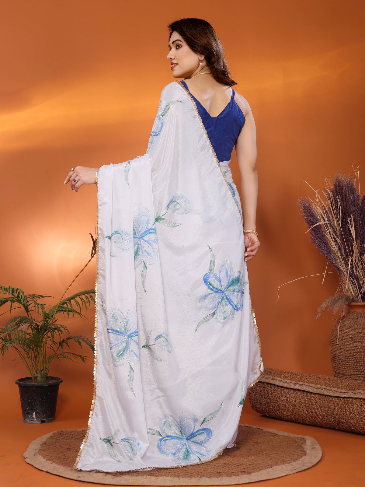 White & Blue Chinon Chiffon Silk Floral Printed Saree with Foil Work & Heavy Lace Border