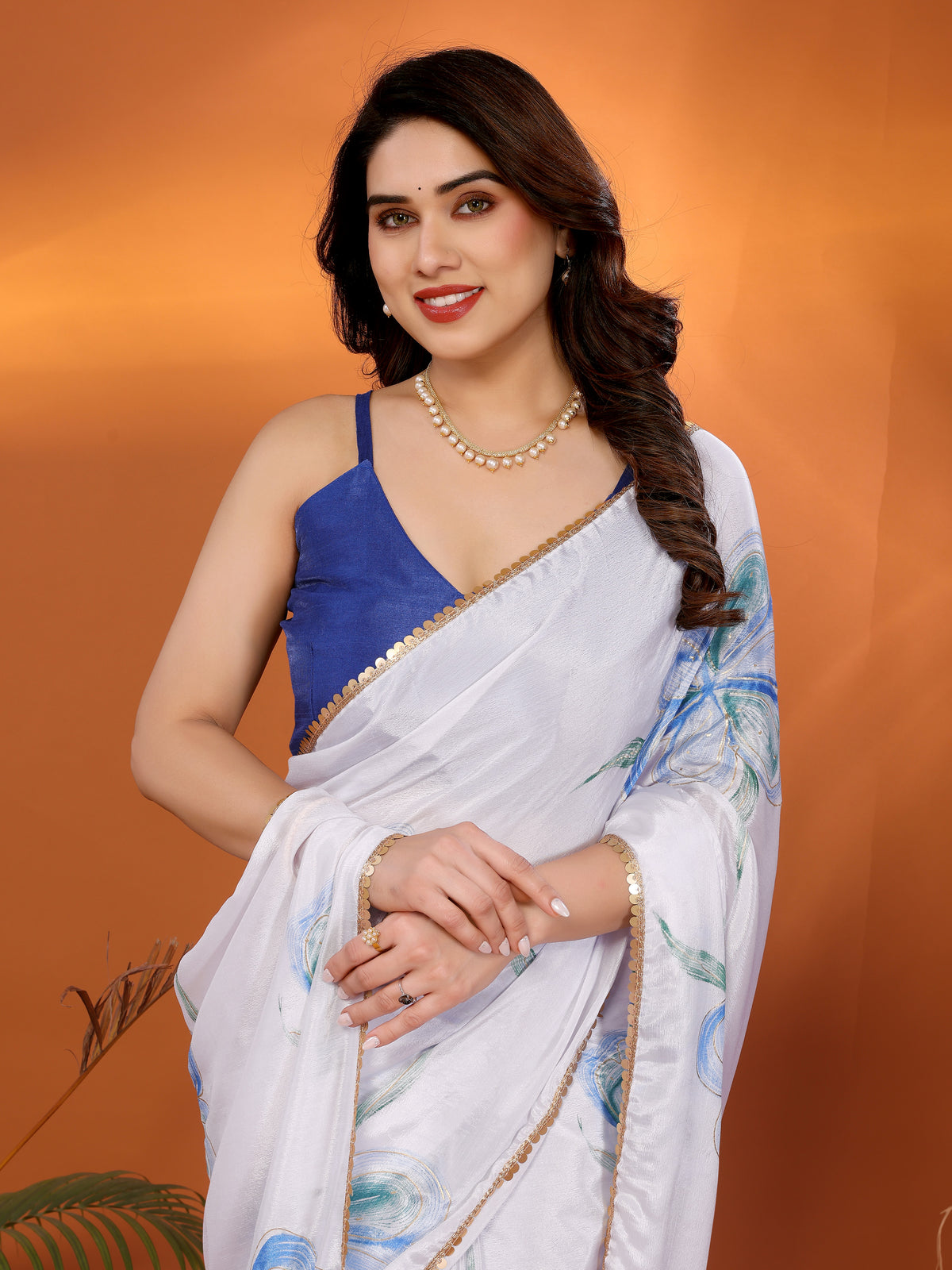 White & Blue Chinon Chiffon Silk Floral Printed Saree with Foil Work & Heavy Lace Border