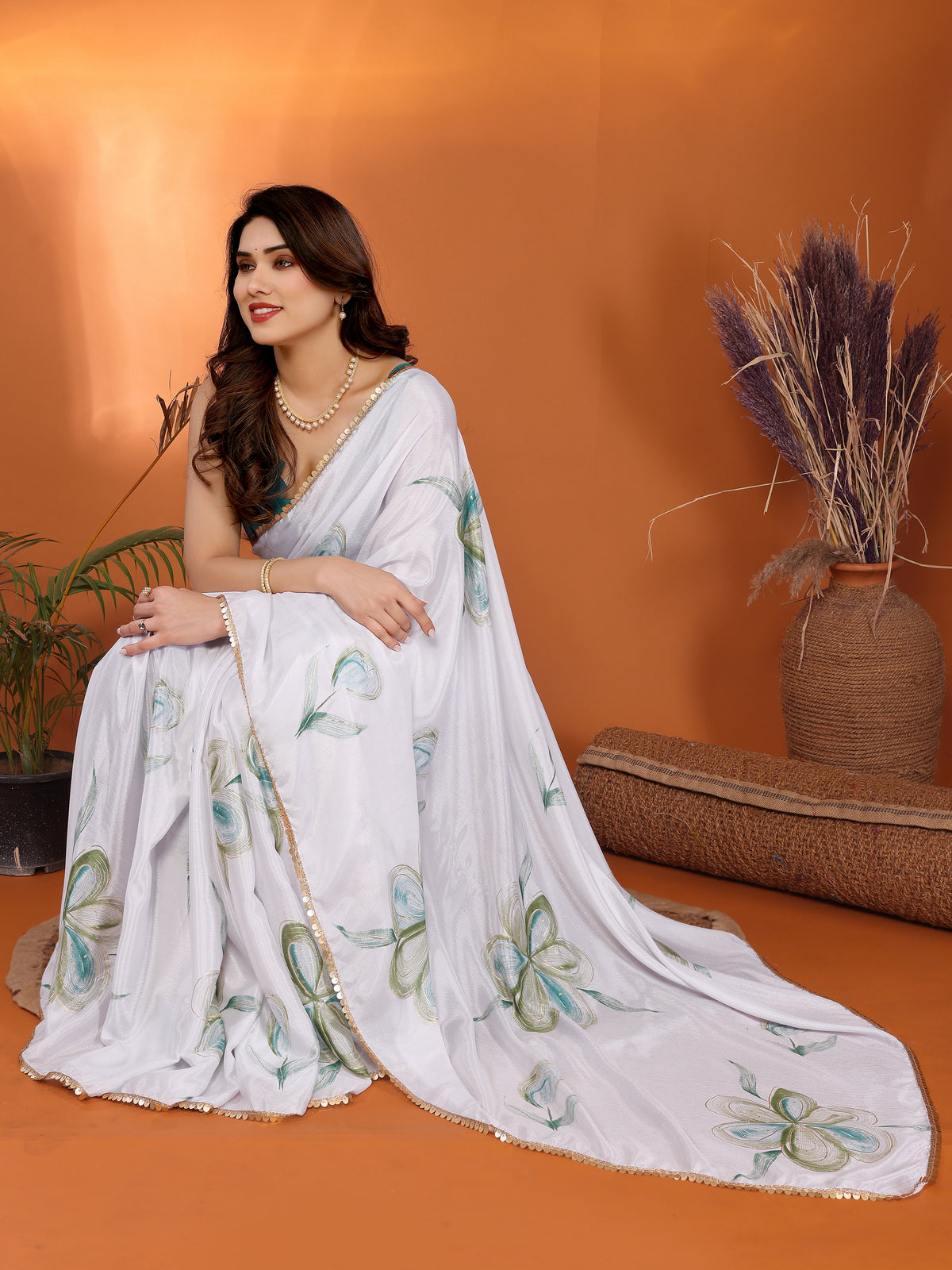 White & Green Chinon Chiffon Silk Floral Printed Saree with Foil Work & Heavy Lace Border