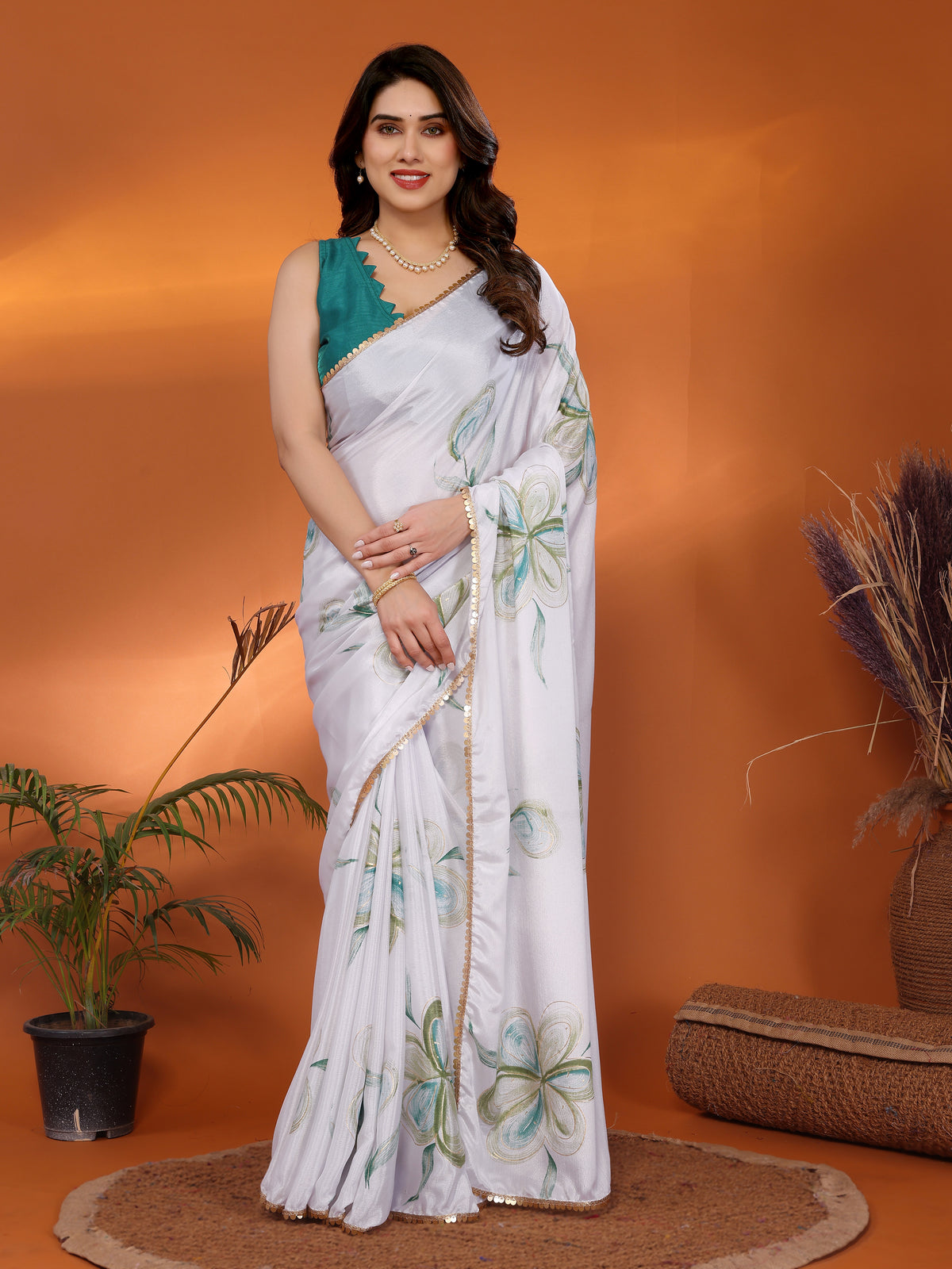 White & Green Chinon Chiffon Silk Floral Printed Saree with Foil Work & Heavy Lace Border