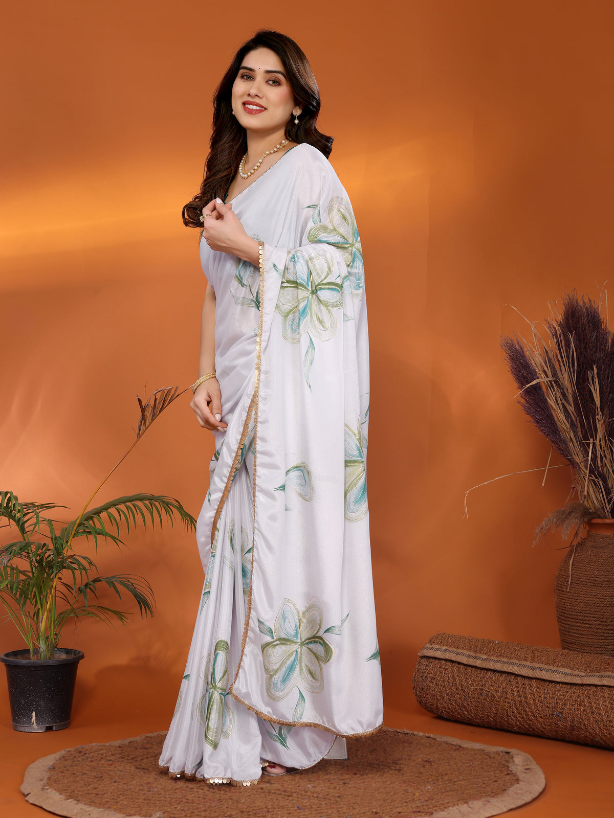 White & Green Chinon Chiffon Silk Floral Printed Saree with Foil Work & Heavy Lace Border