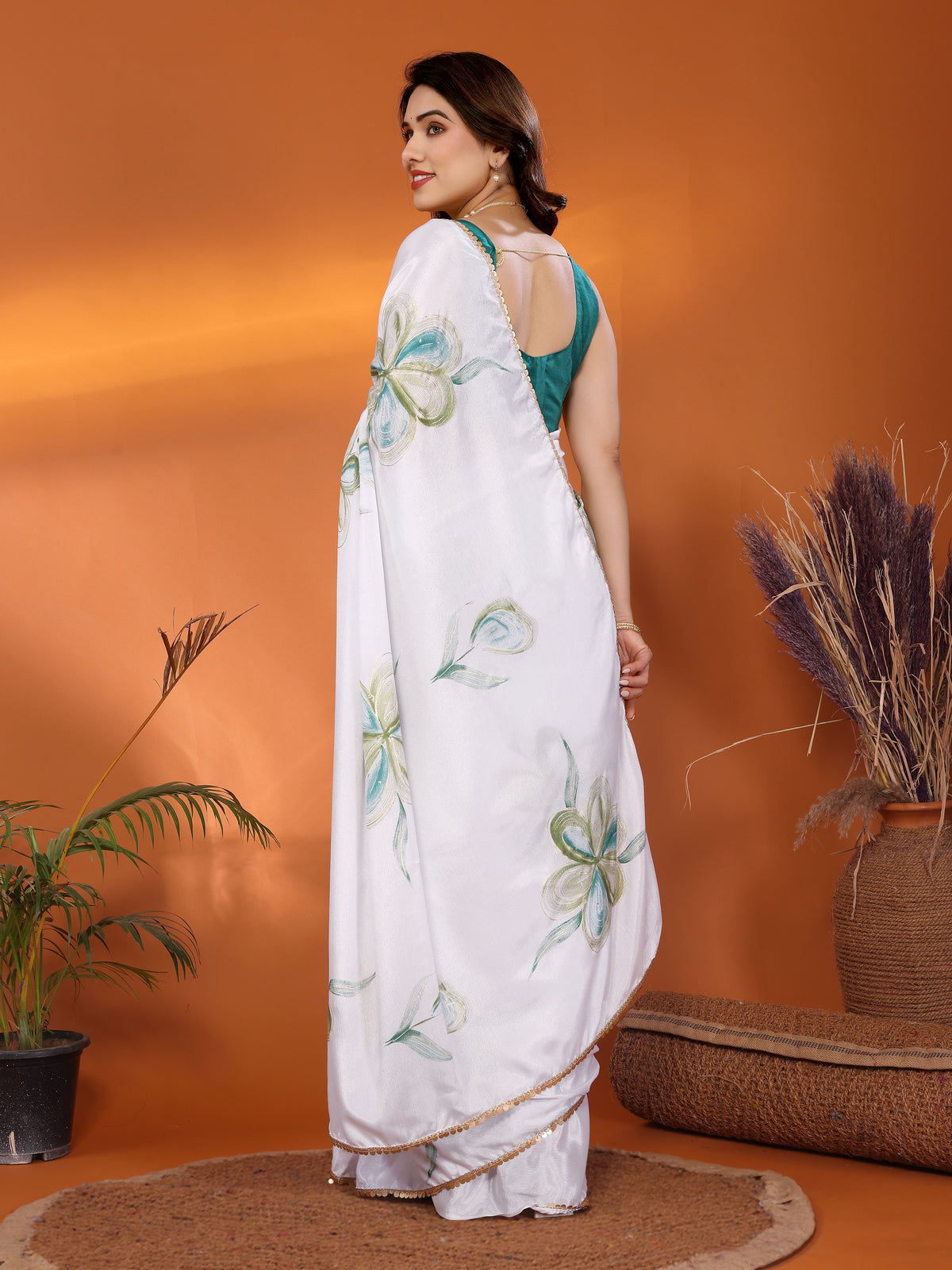 White & Green Chinon Chiffon Silk Floral Printed Saree with Foil Work & Heavy Lace Border
