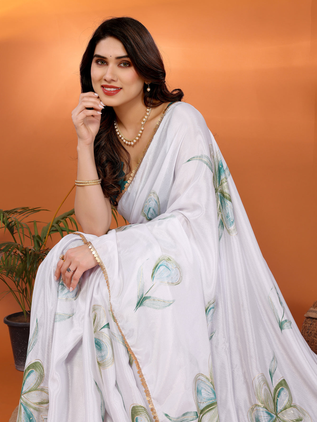 White & Green Chinon Chiffon Silk Floral Printed Saree with Foil Work & Heavy Lace Border