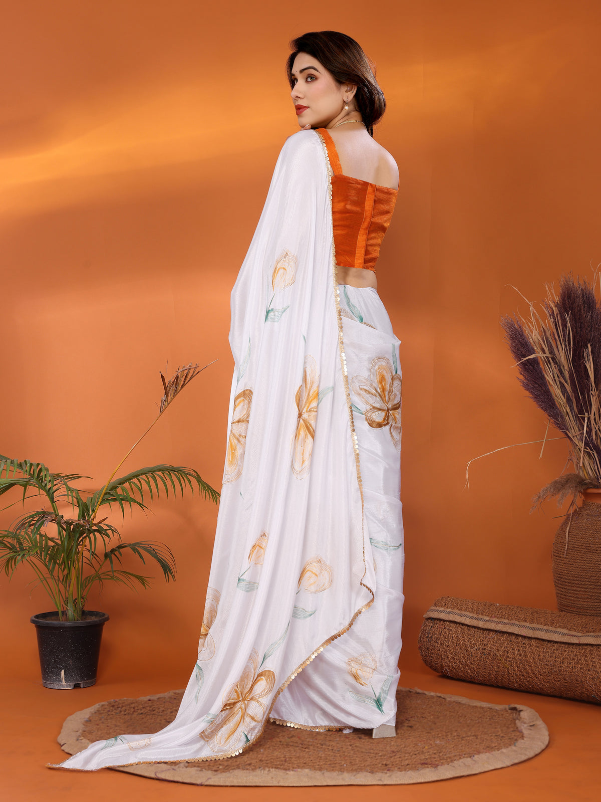 White & Orange Chinon Chiffon Silk Floral Printed Saree with Foil Work & Heavy Lace Border