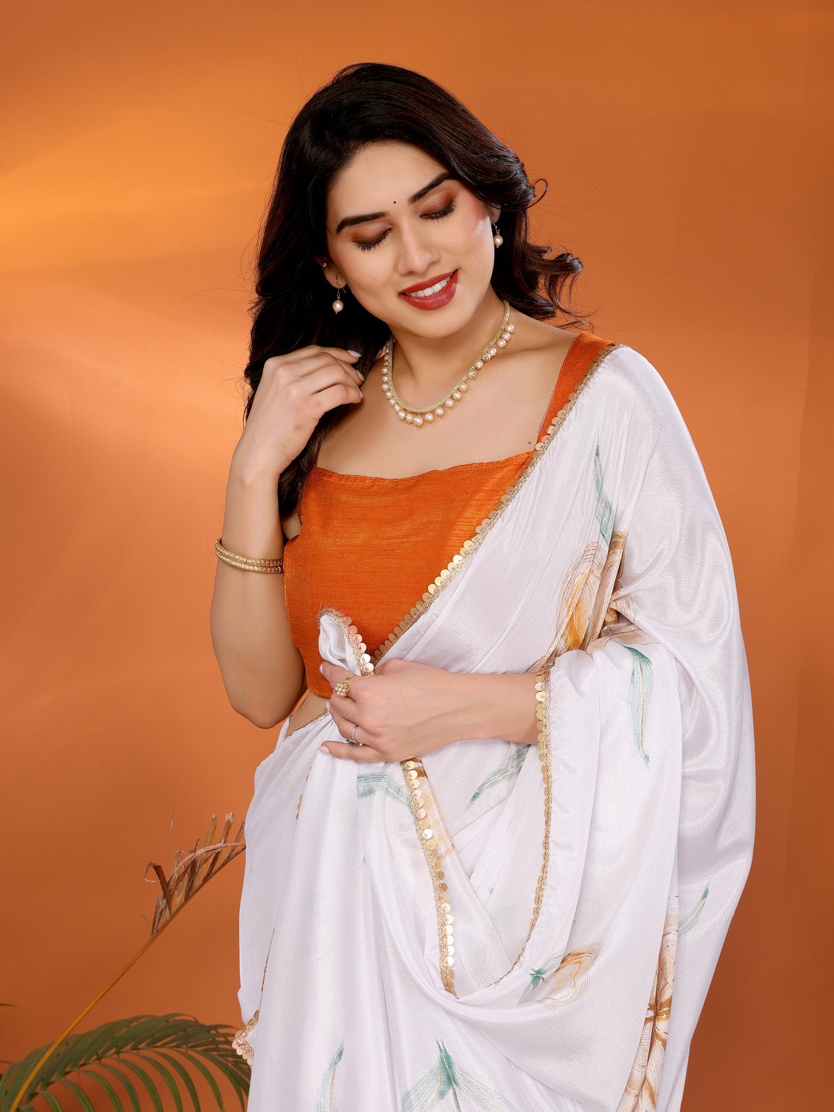 White & Orange Chinon Chiffon Silk Floral Printed Saree with Foil Work & Heavy Lace Border