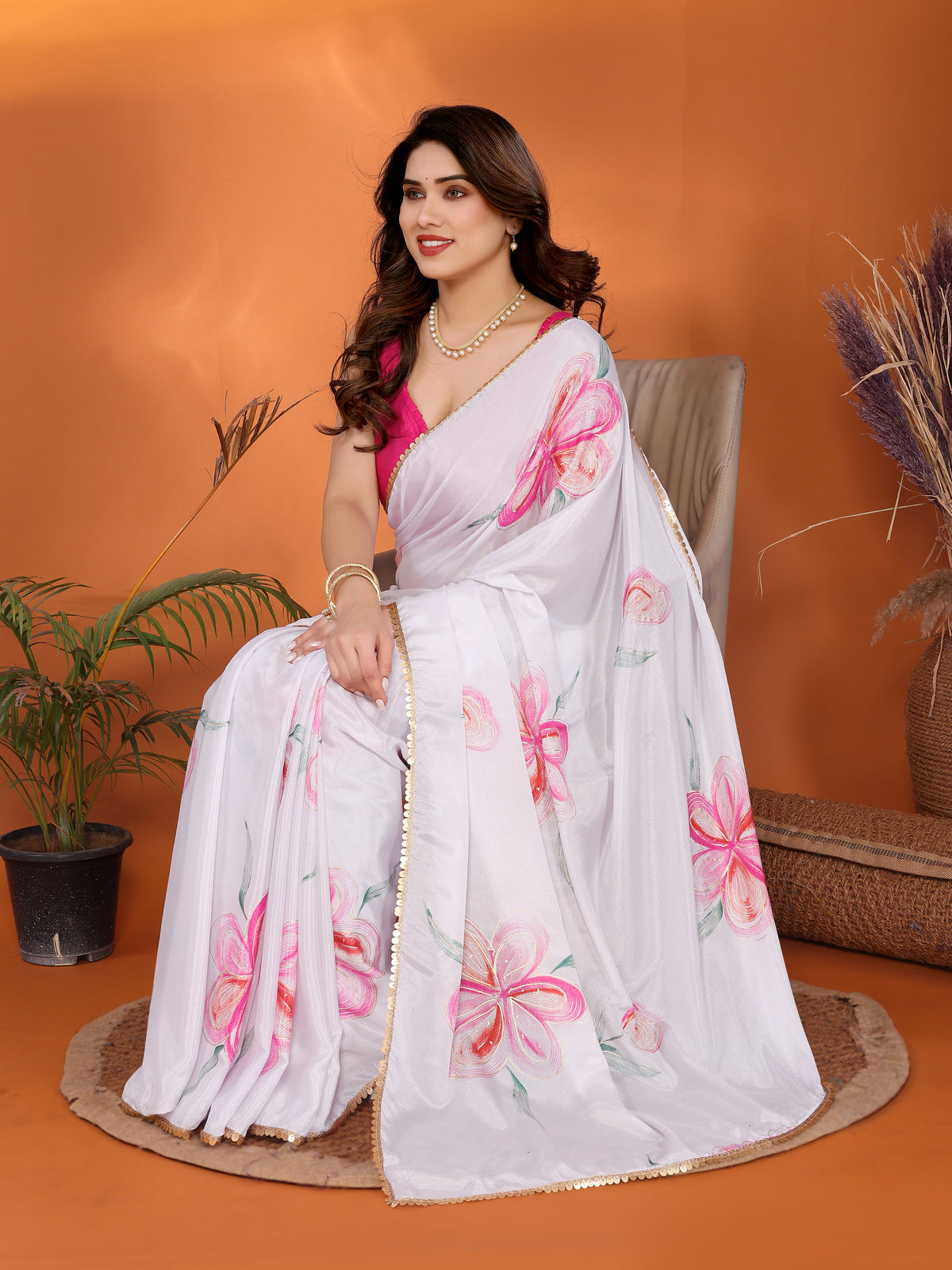 White Chinon Chiffon Silk Printed Saree with Foil Work & Heavy Lace Border