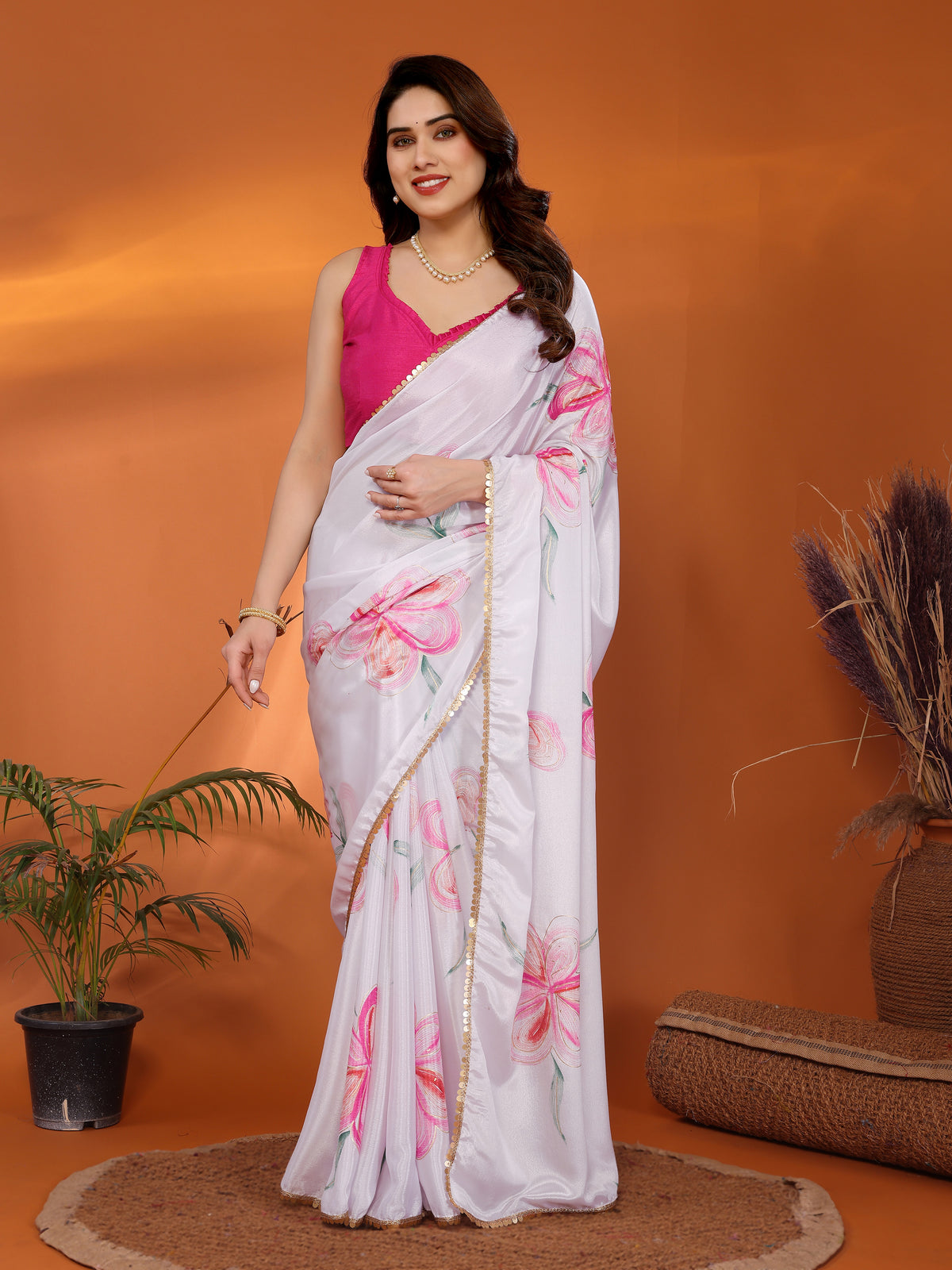 White Chinon Chiffon Silk Printed Saree with Foil Work & Heavy Lace Border