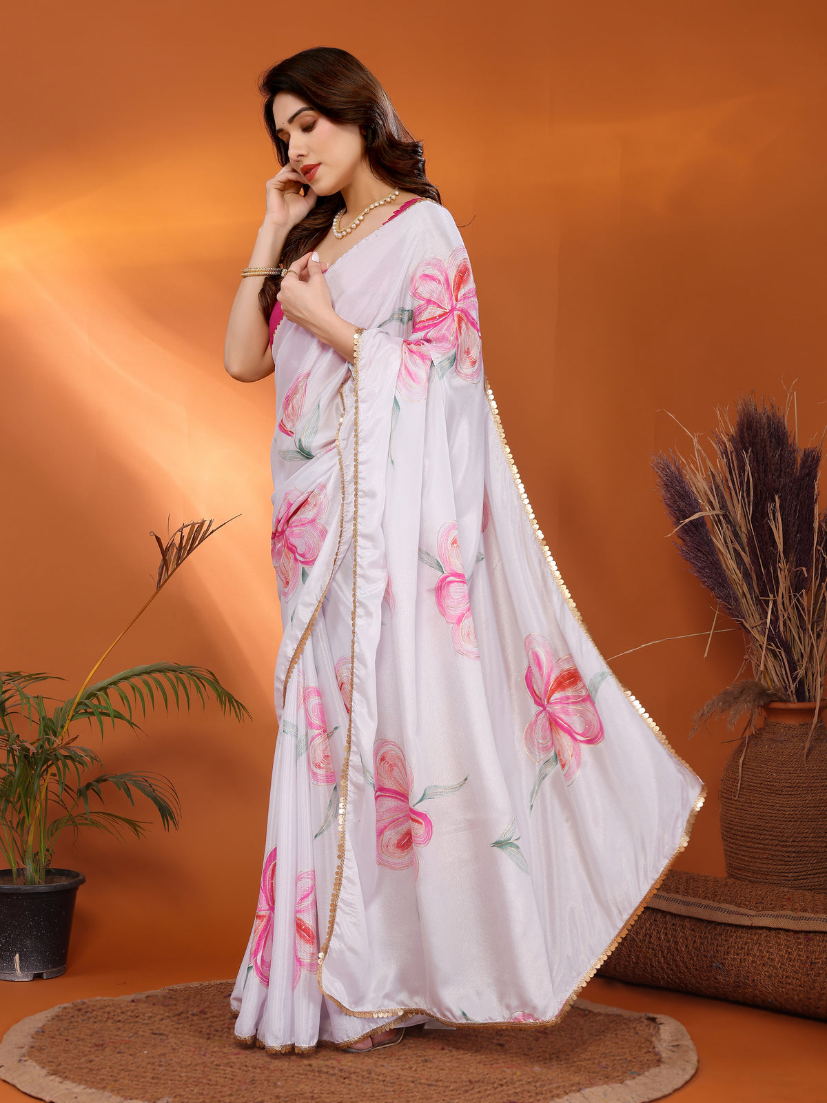 White Chinon Chiffon Silk Printed Saree with Foil Work & Heavy Lace Border