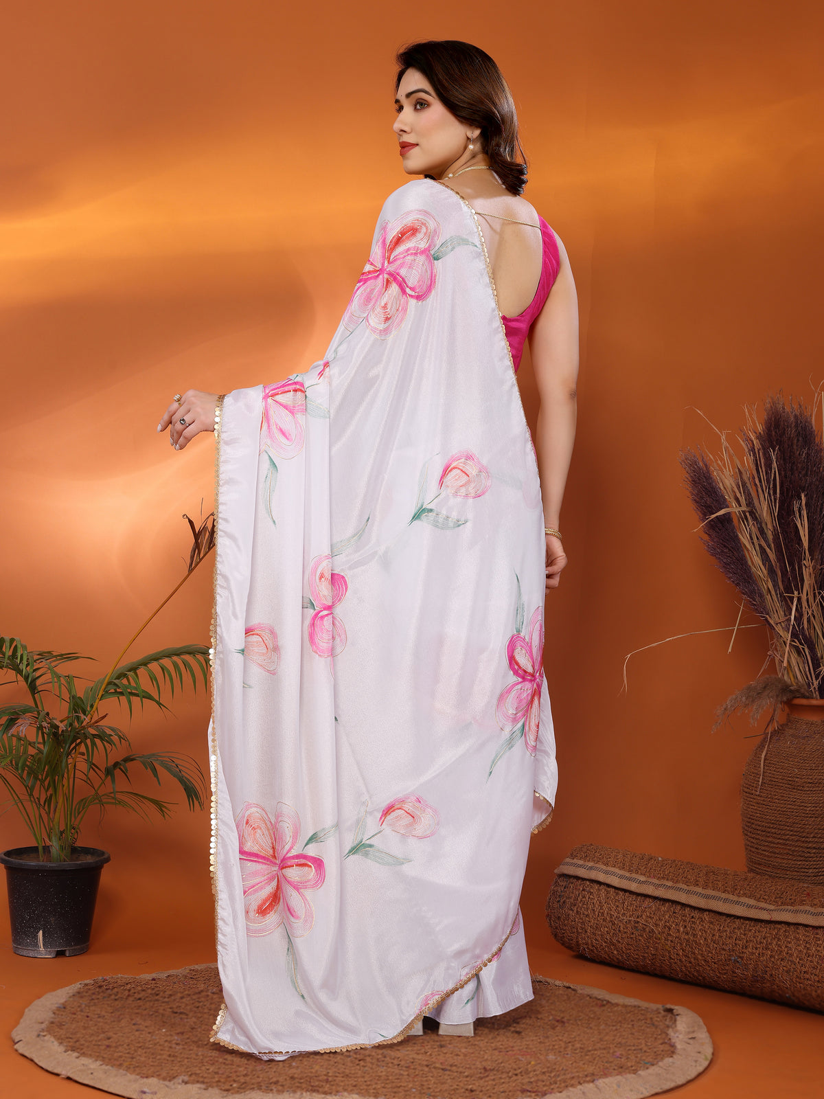 White Chinon Chiffon Silk Printed Saree with Foil Work & Heavy Lace Border
