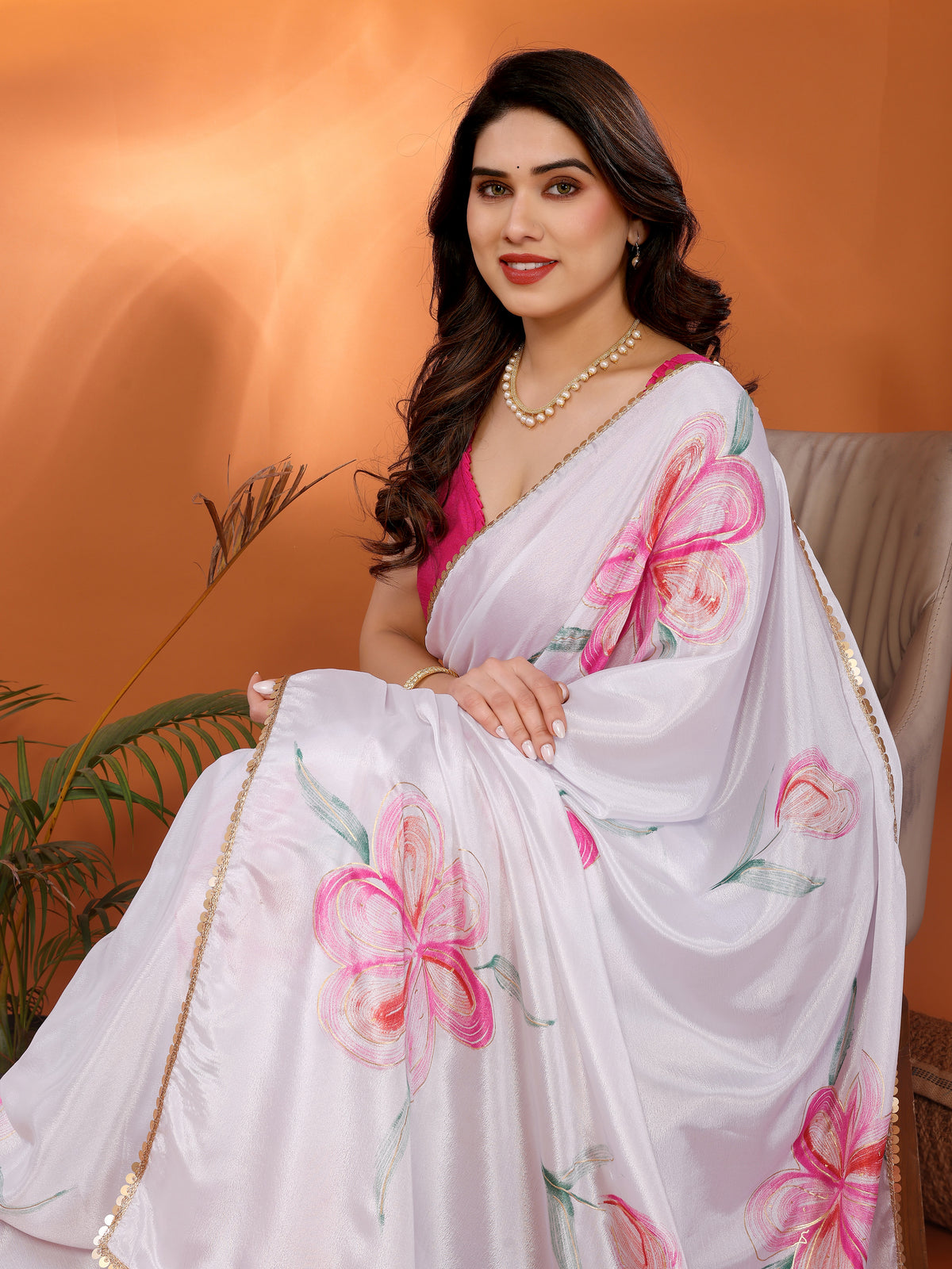 White Chinon Chiffon Silk Printed Saree with Foil Work & Heavy Lace Border