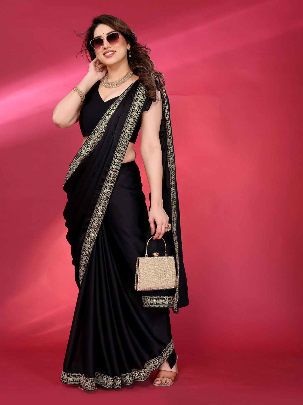 Black Satin Chiffon Georgette Silk Saree with Rich Embroidery Lace Border & Unstitched Blouse
