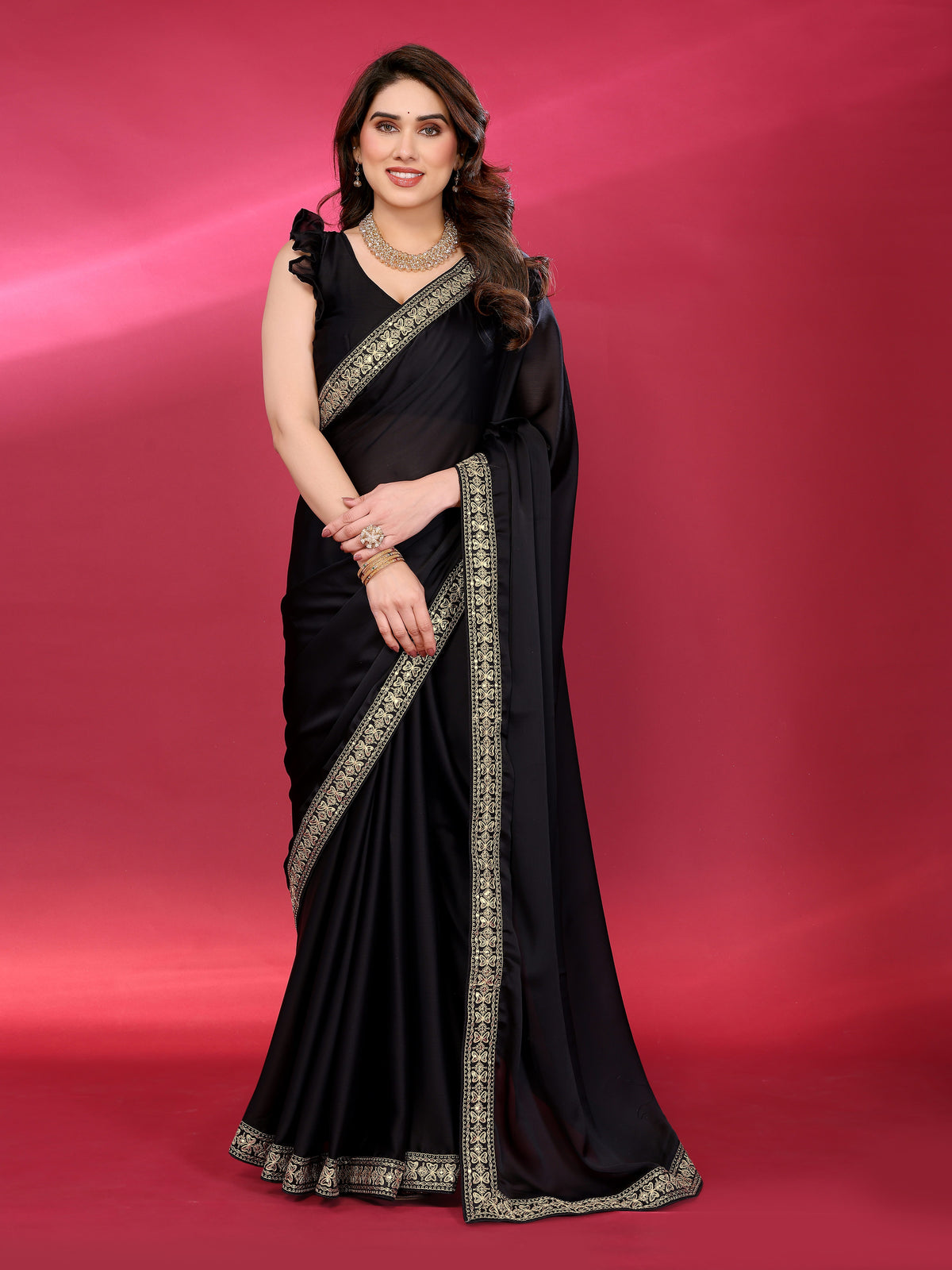 Black Satin Chiffon Georgette Silk Saree with Rich Embroidery Lace Border & Unstitched Blouse