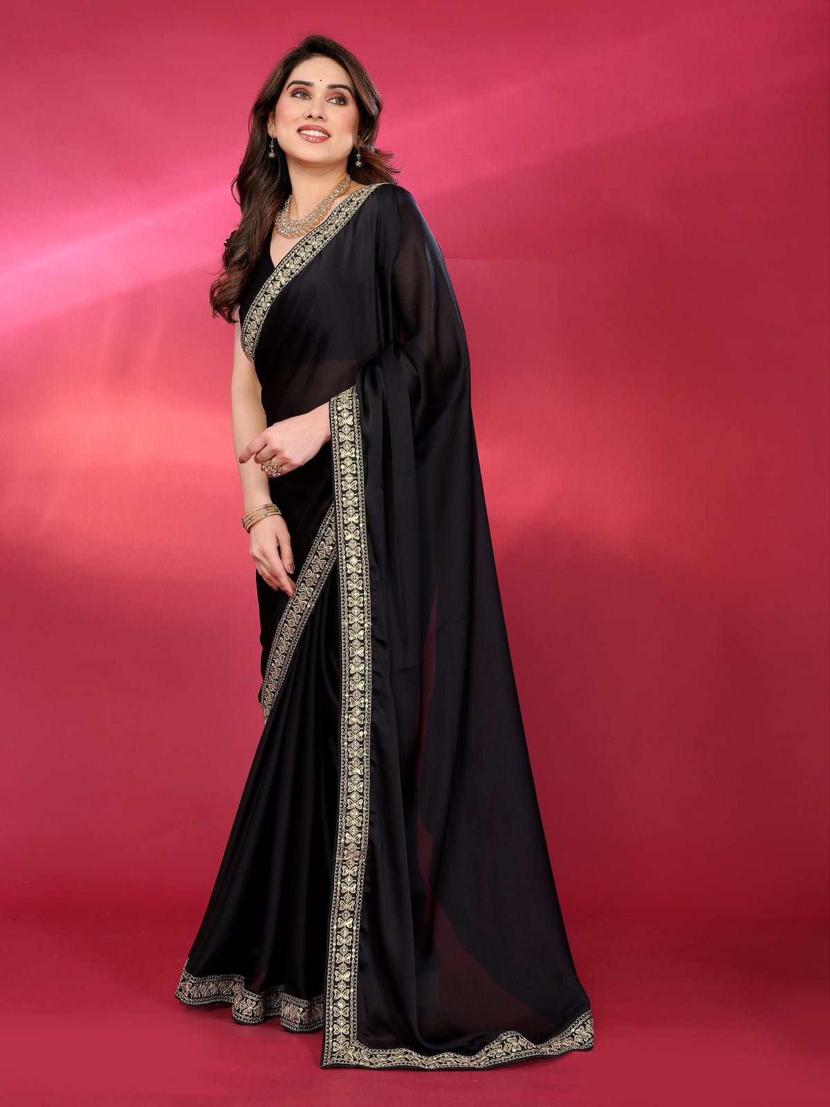 Black Satin Chiffon Georgette Silk Saree with Rich Embroidery Lace Border & Unstitched Blouse