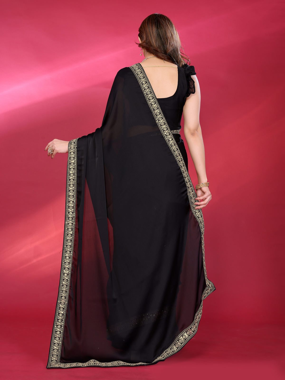 Black Satin Chiffon Georgette Silk Saree with Rich Embroidery Lace Border & Unstitched Blouse