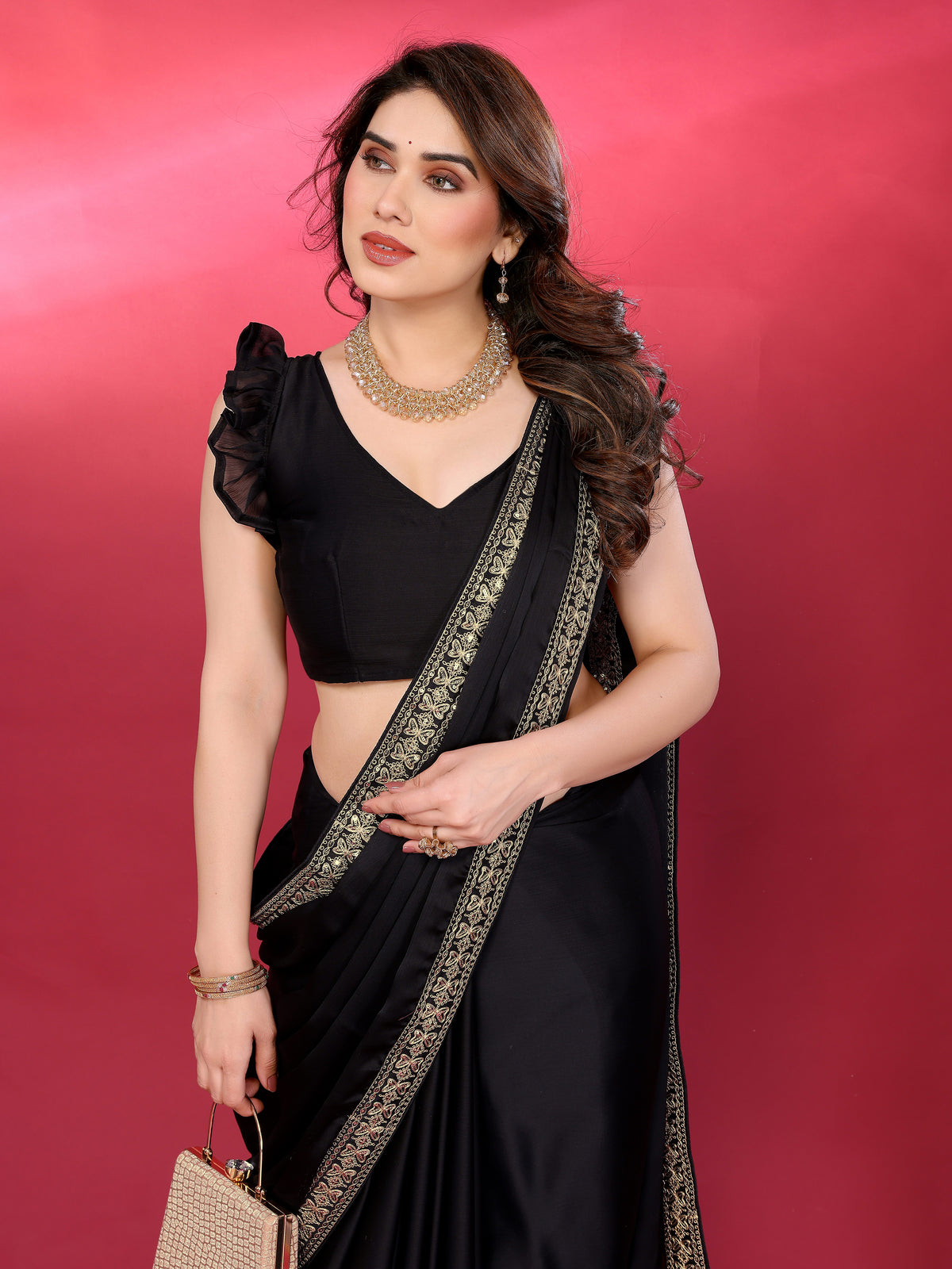 Black Satin Chiffon Georgette Silk Saree with Rich Embroidery Lace Border & Unstitched Blouse