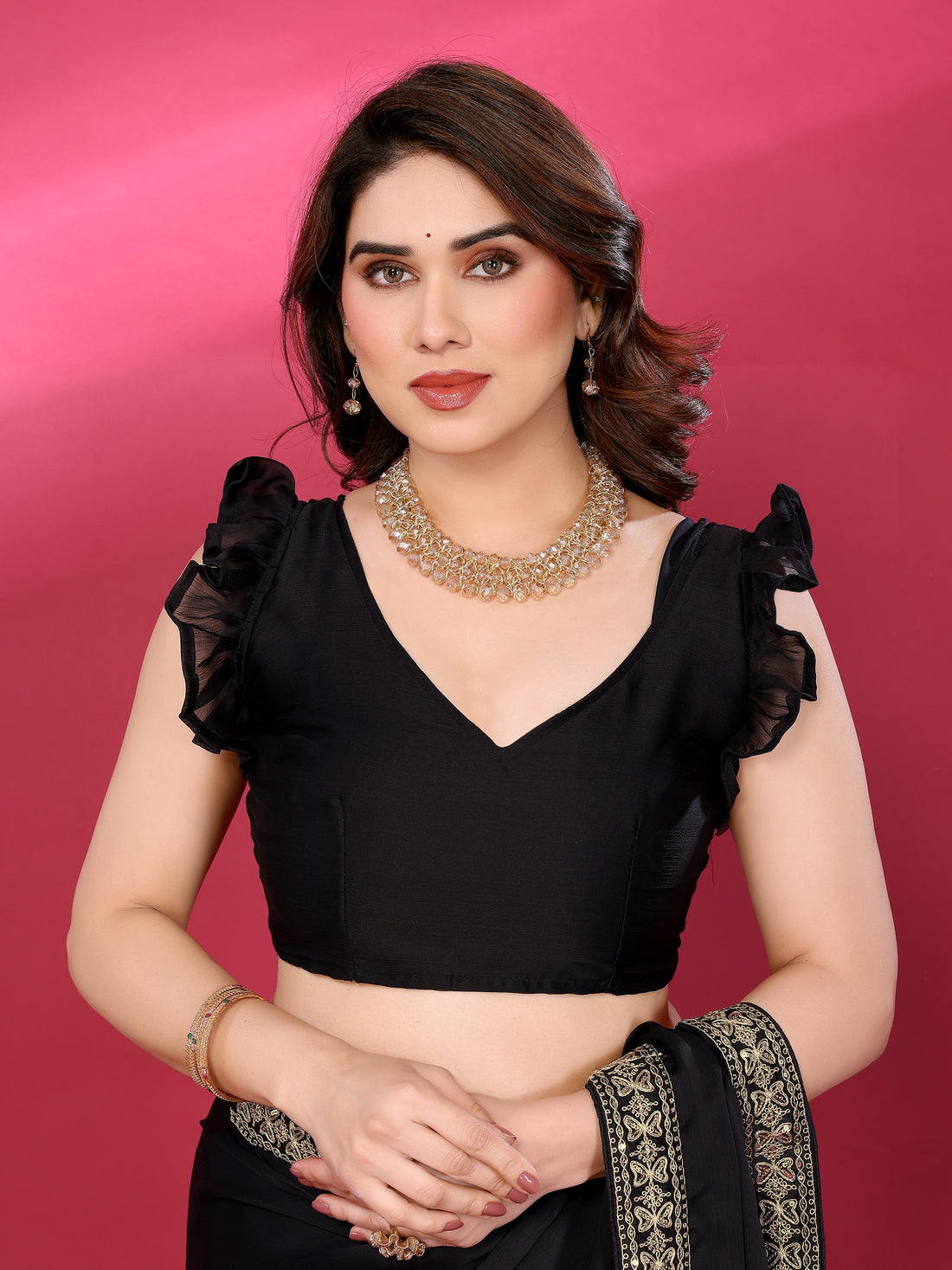 Black Satin Chiffon Georgette Silk Saree with Rich Embroidery Lace Border & Unstitched Blouse