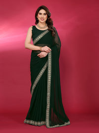 Green Satin Chiffon Georgette Silk Saree with Rich Embroidery Lace Border & Unstitched Blouse