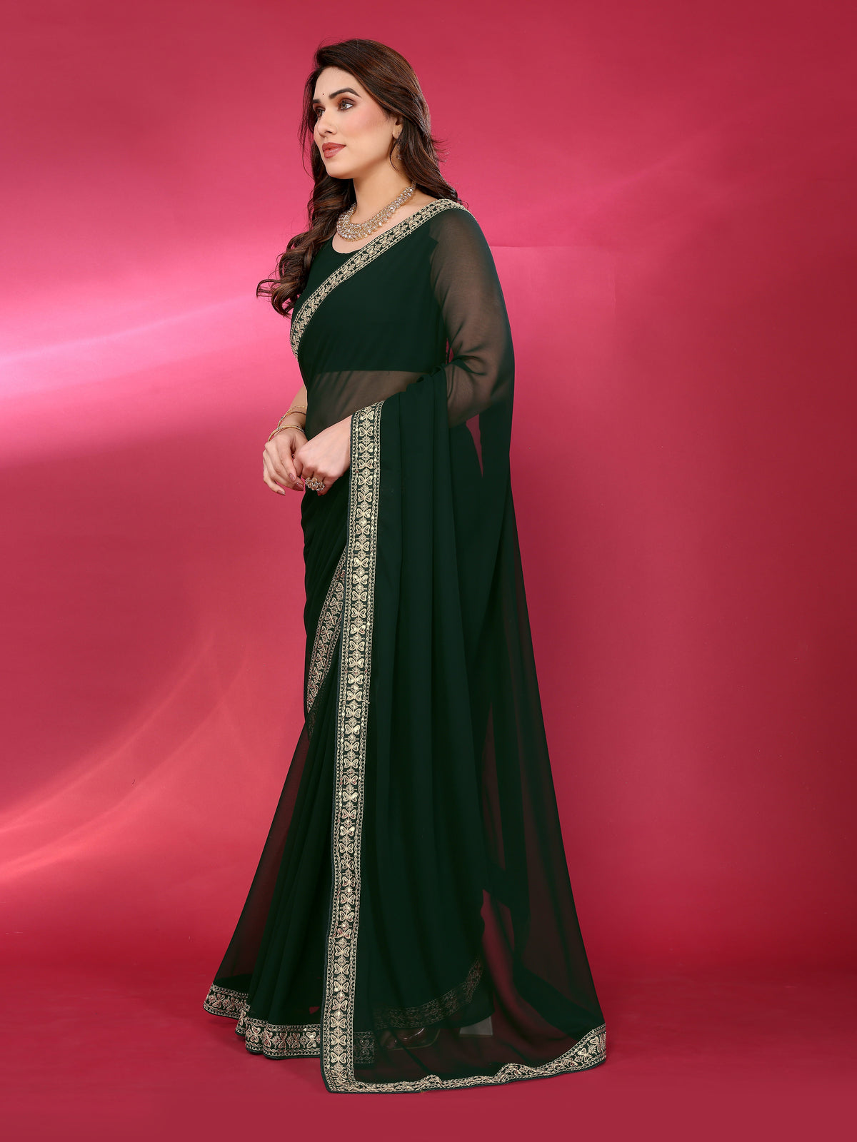 Green Satin Chiffon Georgette Silk Saree with Rich Embroidery Lace Border & Unstitched Blouse
