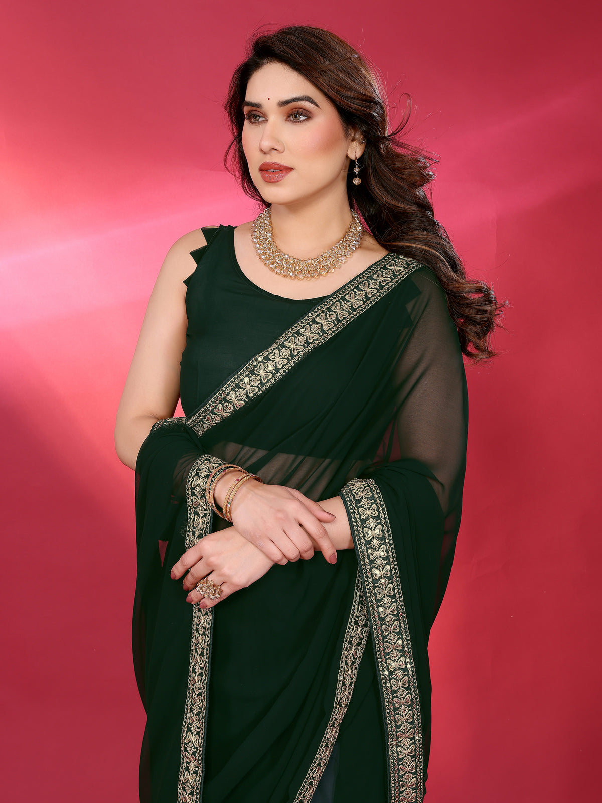 Green Satin Chiffon Georgette Silk Saree with Rich Embroidery Lace Border & Unstitched Blouse