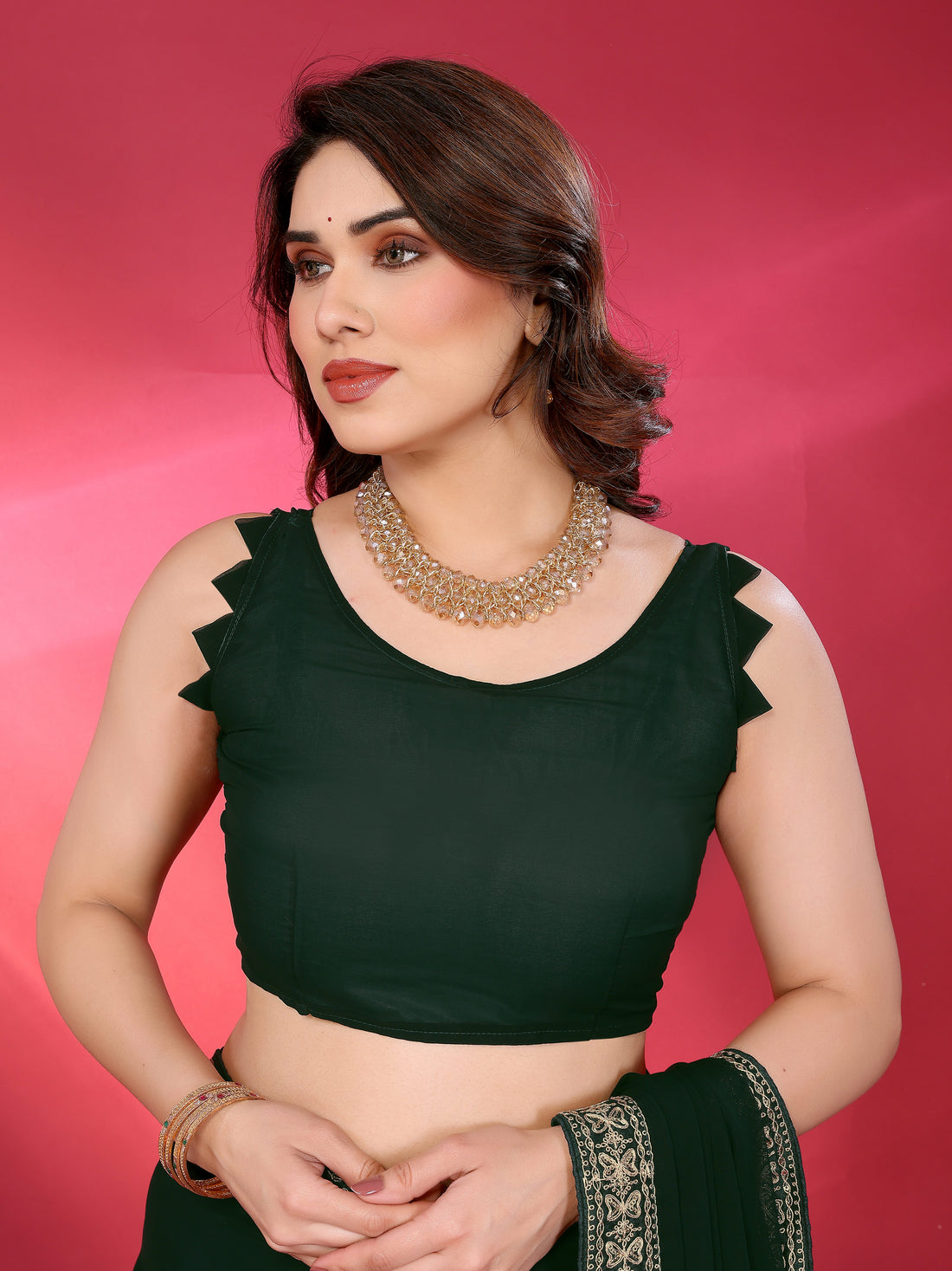 Green Satin Chiffon Georgette Silk Saree with Rich Embroidery Lace Border & Unstitched Blouse