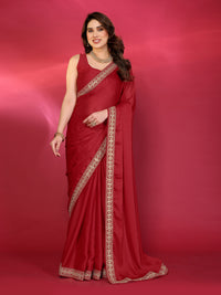 Red Satin Chiffon Georgette Silk Saree with Rich Embroidery Lace Border & Unstitched Blouse