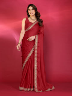 Red Satin Chiffon Georgette Silk Saree with Rich Embroidery Lace Border & Unstitched Blouse
