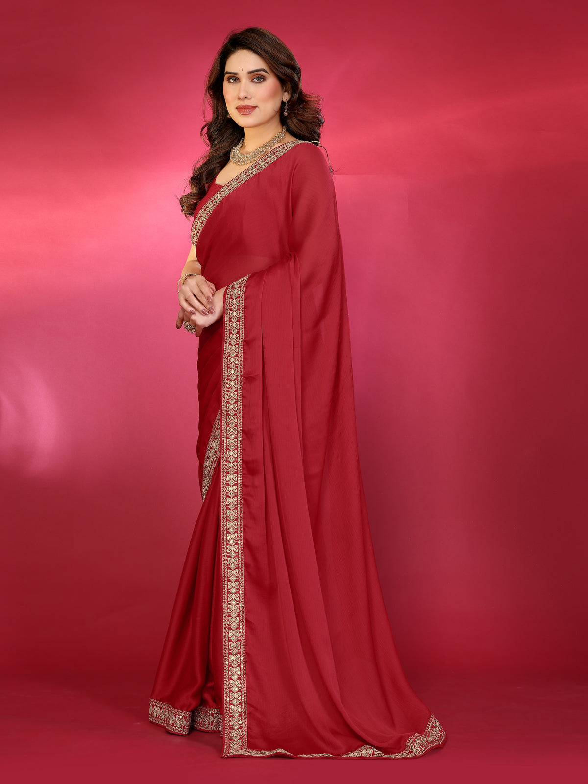 Red Satin Chiffon Georgette Silk Saree with Rich Embroidery Lace Border & Unstitched Blouse
