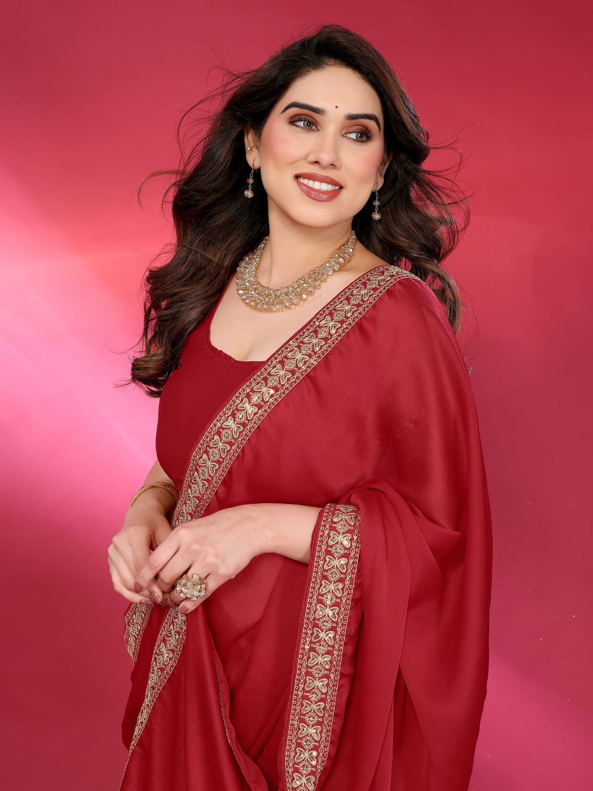 Red Satin Chiffon Georgette Silk Saree with Rich Embroidery Lace Border & Unstitched Blouse