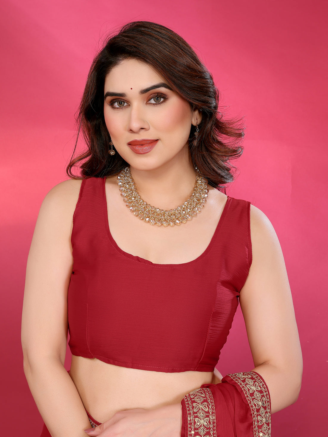 Red Satin Chiffon Georgette Silk Saree with Rich Embroidery Lace Border & Unstitched Blouse
