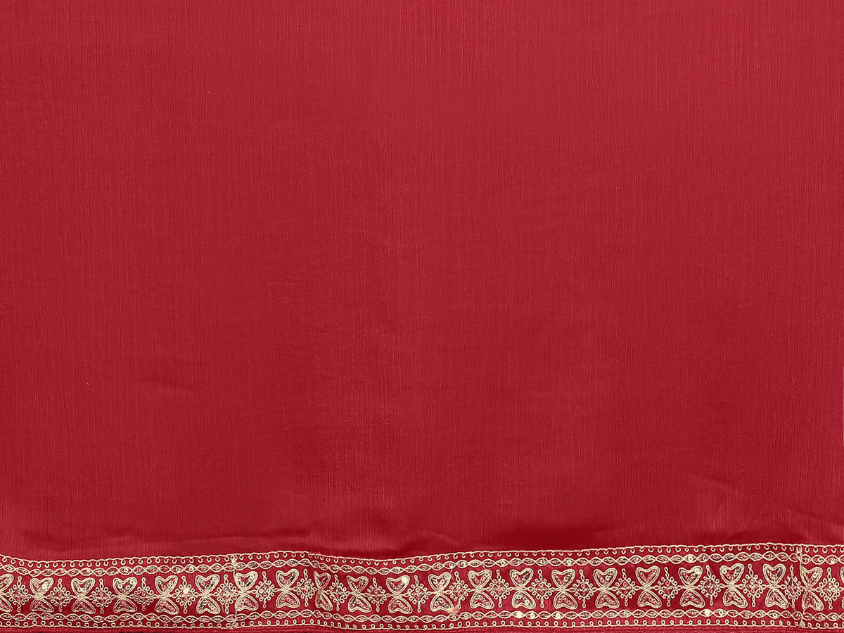 Red Satin Chiffon Georgette Silk Saree with Rich Embroidery Lace Border & Unstitched Blouse