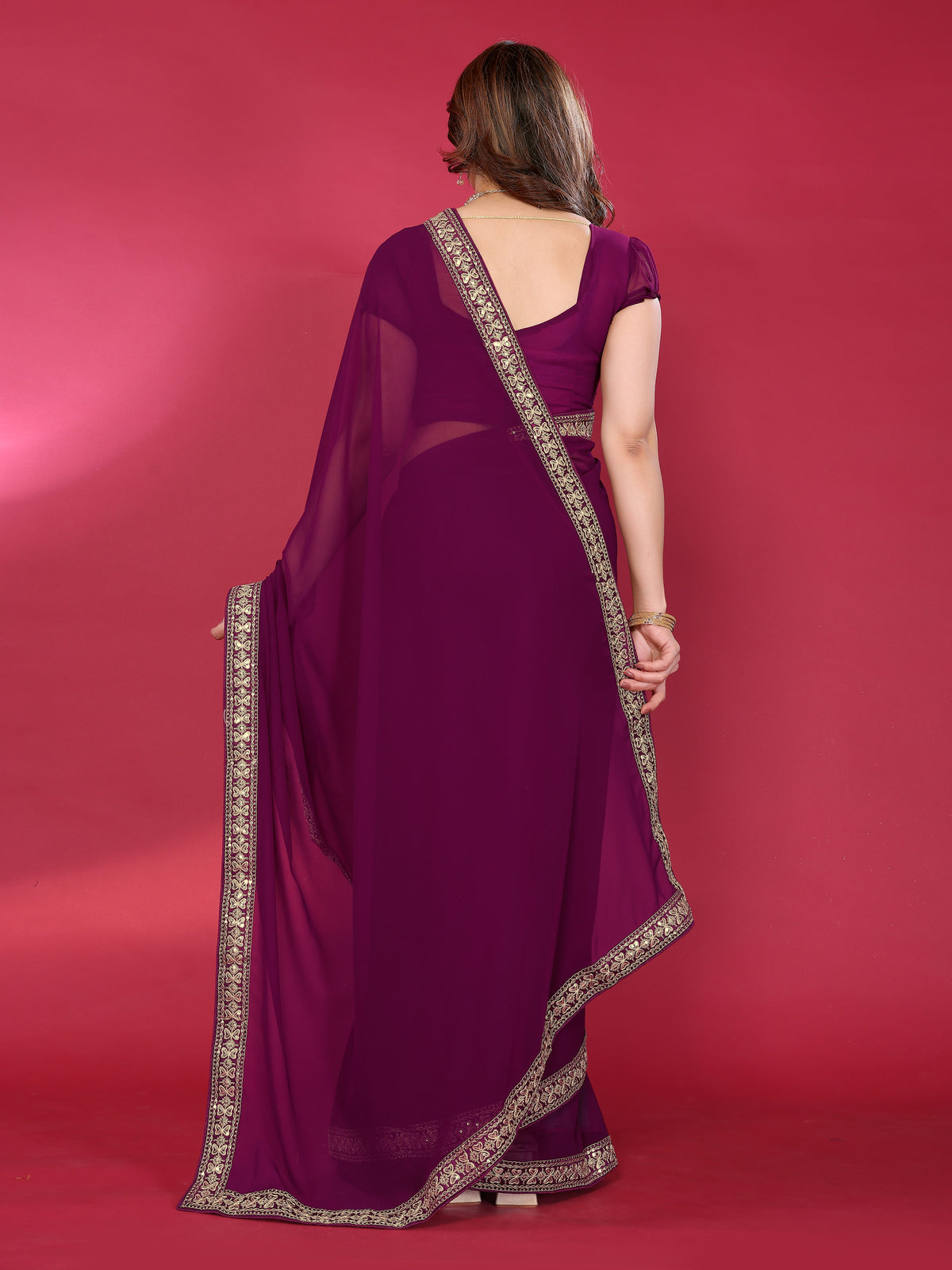 Wine Satin Chiffon Georgette Silk Saree with Rich Embroidery Lace Border & Unstitched Blouse