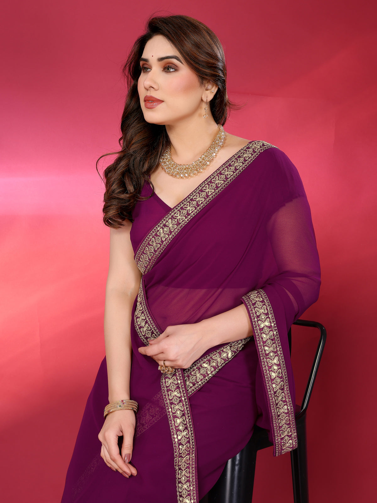 Wine Satin Chiffon Georgette Silk Saree with Rich Embroidery Lace Border & Unstitched Blouse