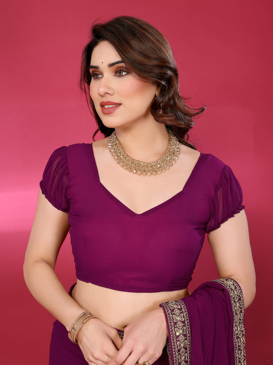 Wine Satin Chiffon Georgette Silk Saree with Rich Embroidery Lace Border & Unstitched Blouse
