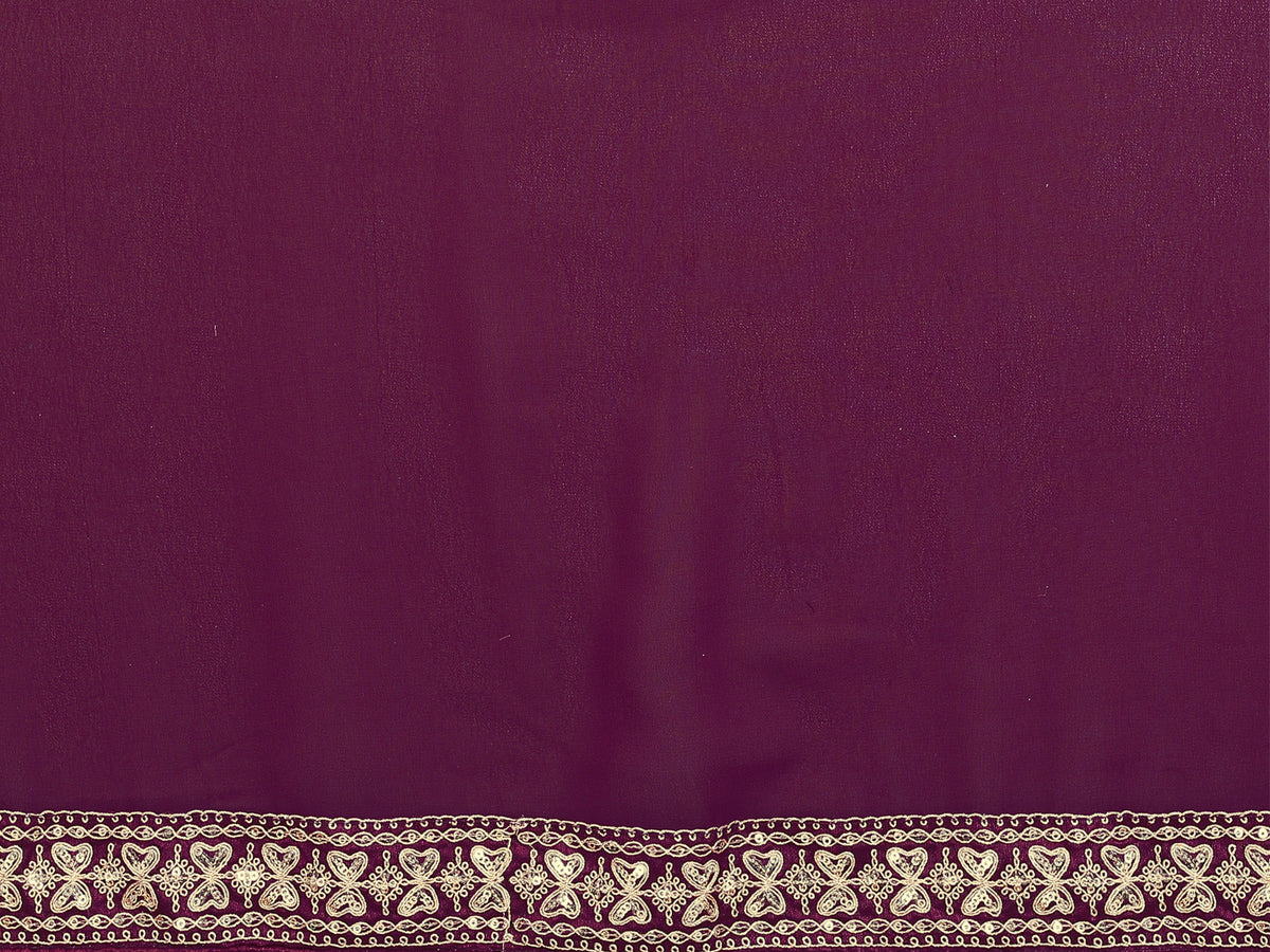 Wine Satin Chiffon Georgette Silk Saree with Rich Embroidery Lace Border & Unstitched Blouse