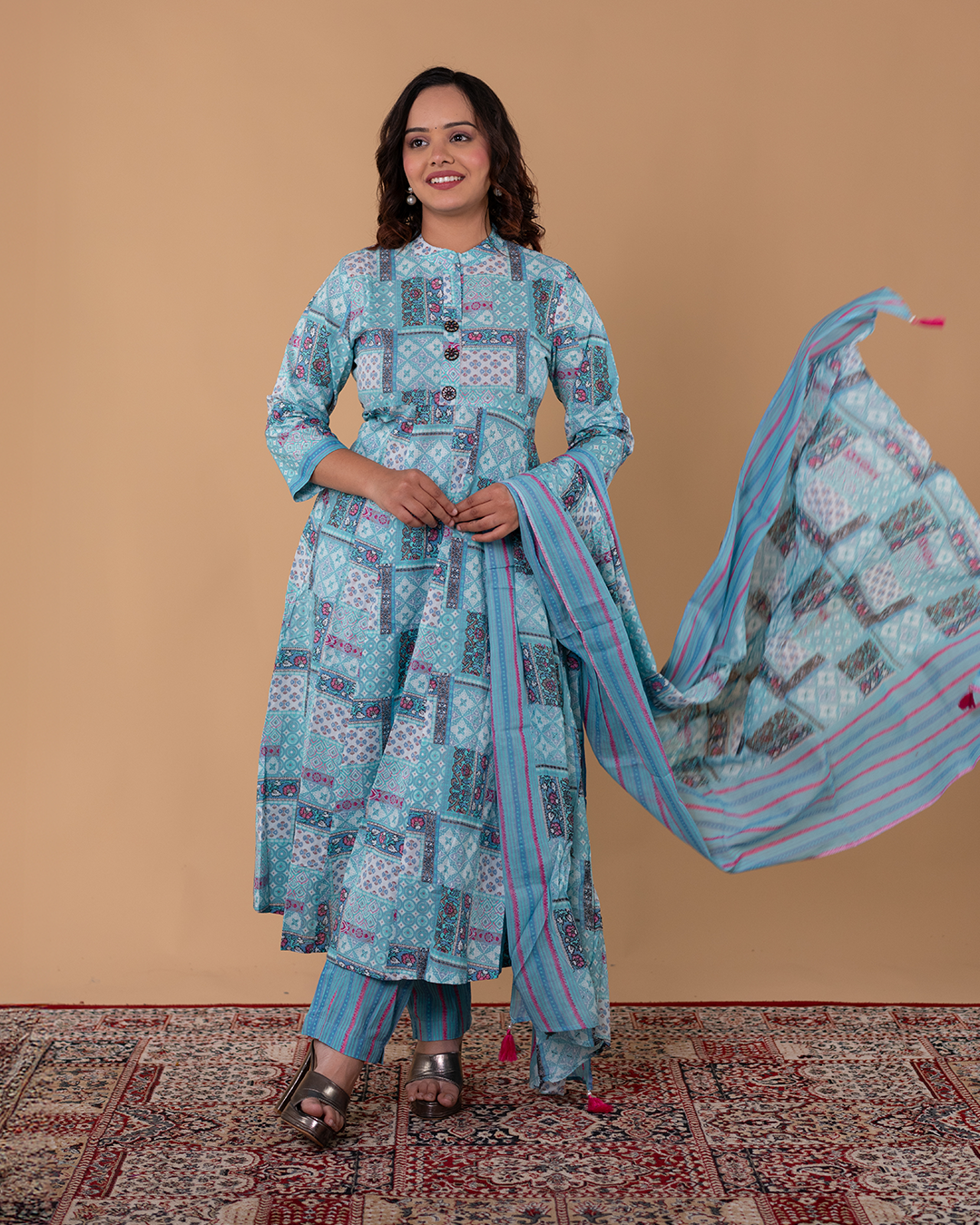 Aqua Blue Printed Cotton Kurta with Decorative Buttons – Everyday Ethnic Wear