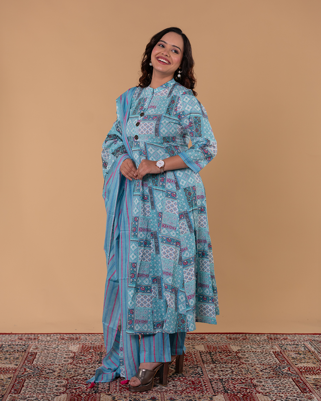 Aqua Blue Printed Cotton Kurta with Decorative Buttons – Everyday Ethnic Wear